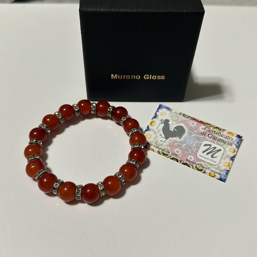 🇮🇹Murano Glass Lampwork Bead Stretch Bracelet Red Coral Handmade/Murano Venice
